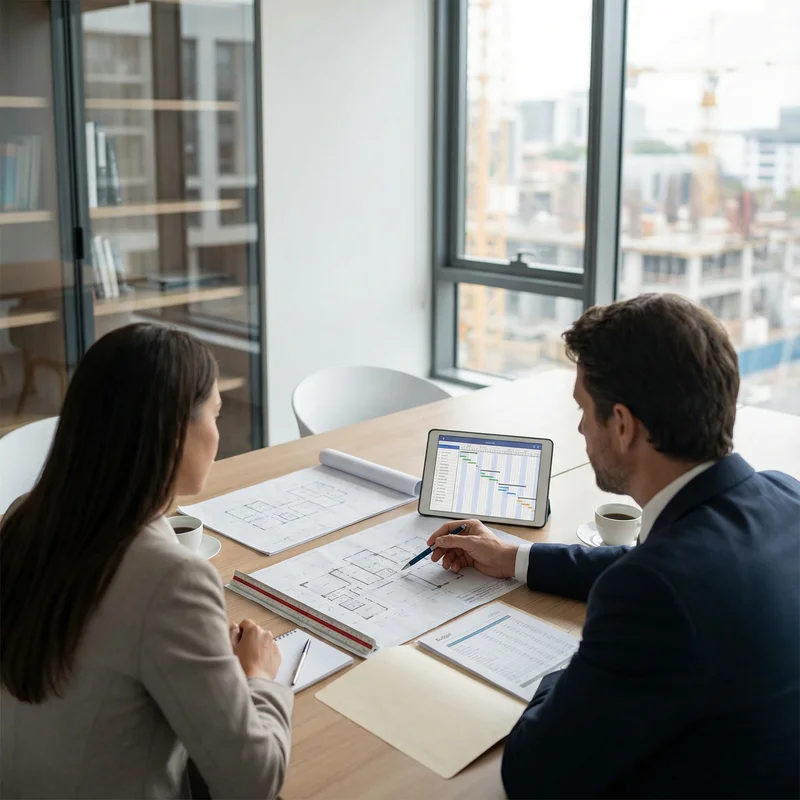 Bauherrenberatung Zürich - Zwei Architekten besprechen Baupläne und Projektmanagement
