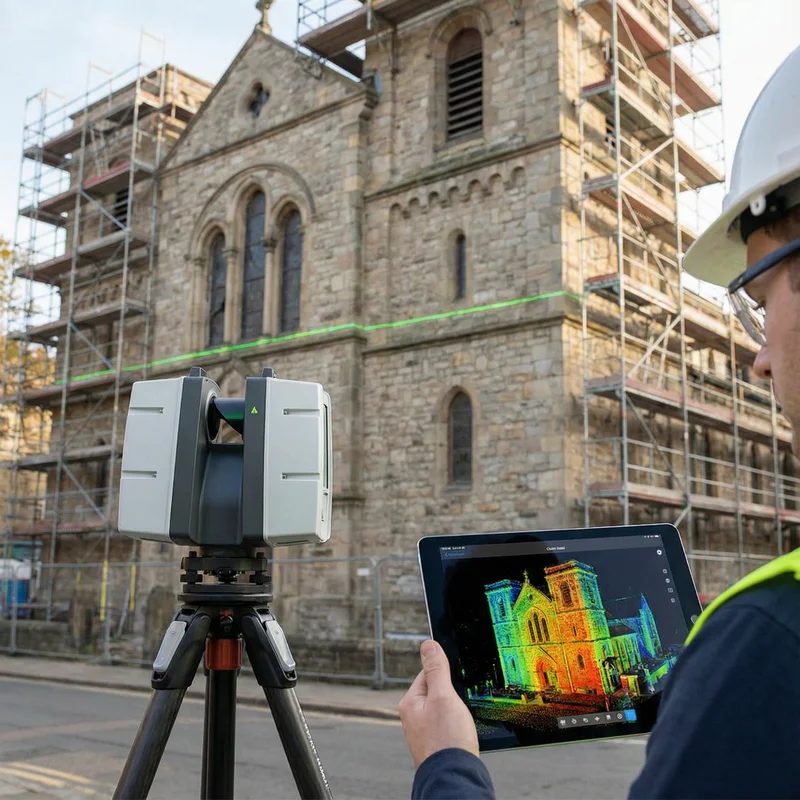 3D Laserscanning Zürich - Vermessungstechniker scannt Kirche mit farbiger Punktwolke